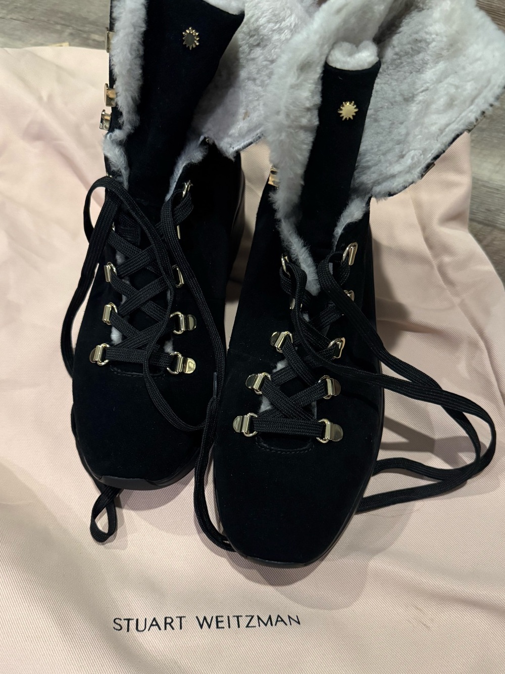 Stuart Weitzman Black Lace-Up fur Suede Boots